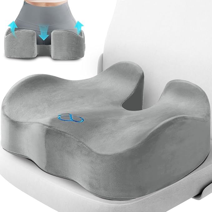 CushyOasis Seat Cushion, Chair Cushions, Office Chair Cushions, Anti-Slip Bottom & Removable Cover Tailbone Pain Relief Cushion, Memory Foam Seat Cushion, 5.28 in Thick (Light Grey)