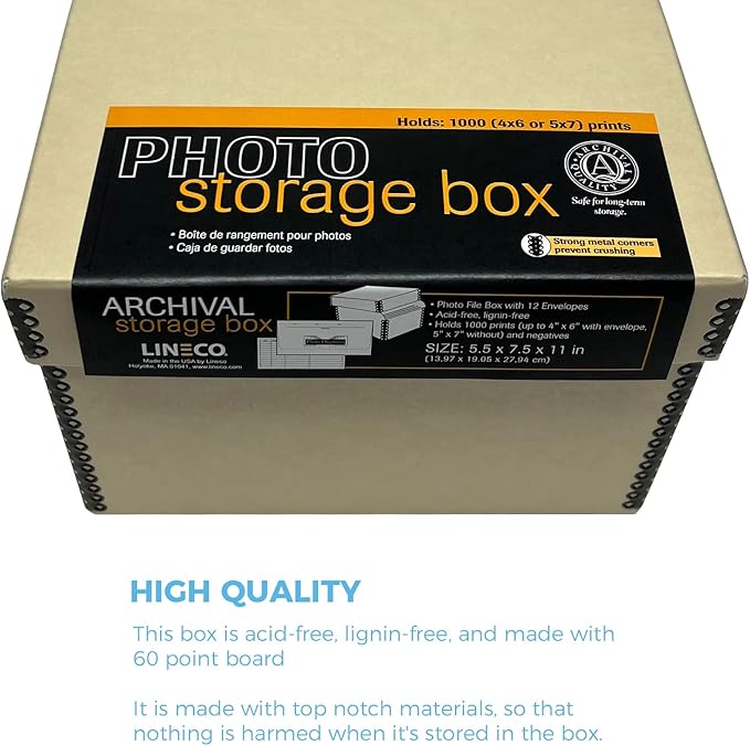Lineco 4x6 Photo Storage Box, with 12 Acid-Free Envelopes, Holds Up to 1000 3.5" x 5", or 4" x 6" Pictures, Metal Edge Archival Organizer for Cards Stickers Stamps Seeds, 5.5x7.5x11. Tan, 2 Pack