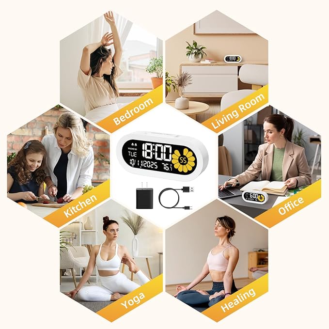 DOOMAY Digital Alarm Clock for Bedroom: Dual Alarm Bedside Clock VA LCD Display with Seconds, 9-Minute Snooze and Weekend Mode, 3 Brightness, 4 Alarms and 3 Volume Levels，Type C & Battery Included