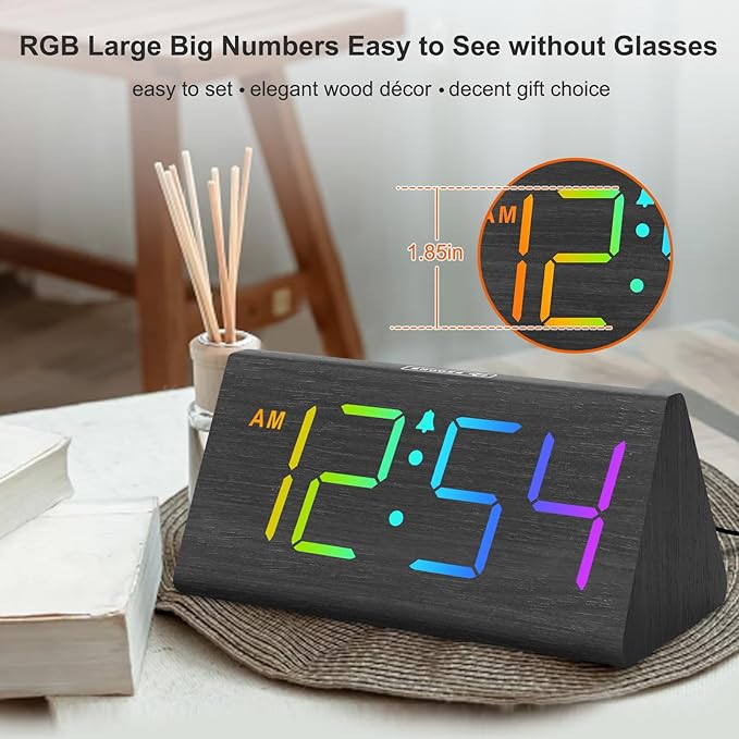 DreamSky Wooden Digital Alarm Clock for Bedroom - RGB Electric Desk Clock with Large Numbers, USB Port, Loud Alarm for Heavy Sleepers, Dimmer and Volume Control, Snooze, Wood Décor (Adapter Powered)