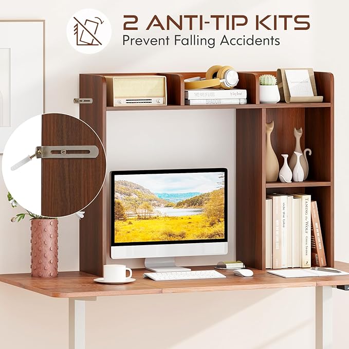 Tangkula Desktop Bookshelf, Countertop Storage Hutch with Shelves for Computer Desk, Desk 3-Tier Display Rack, Multipurpose Wood Desktop Hutch Storage Organizer for Dorm Office (Walnut,5 Shelves)