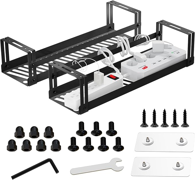 PAVSTINE Under Desk Cable Management Tray, 17 in Metal Cable Tray Basket for Wire Management, Power Strip Holder, Cord Organizer, Wire Tamer for Home/Office Desk Cable Hider Black, 2 Pack