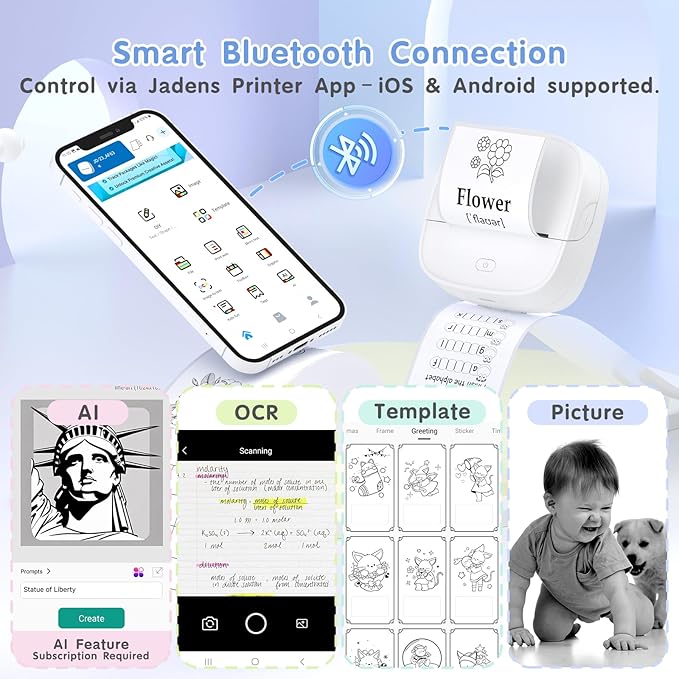 Gloryang JD-23 Sticker Printer, Mini Portable Thermal Printer Print Pod, Inkless Bluetooth Label Maker with Smart App for Phone & Tablet for Office & Home Use, 2 Rolls Sticker Paper, White