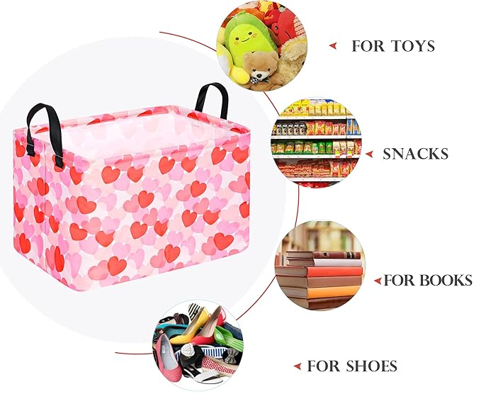 FUULOXE Rectangular Valentines Basket Storage Bin for Shelves Girls Gifts Baskets Foldable Box with Handles for Home Office Car Dormroom Valentine's Day Party Supplies