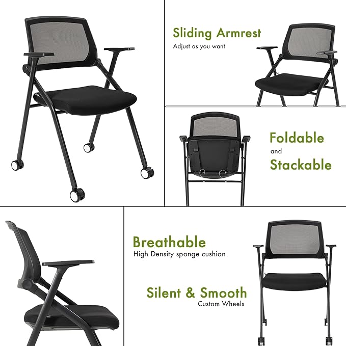 VACYOVKE 10 Pack Conference Room Chairs with Wheels and Sliding Armrest,Foldable Nesting Chair for Office School Church Waiting Room Black