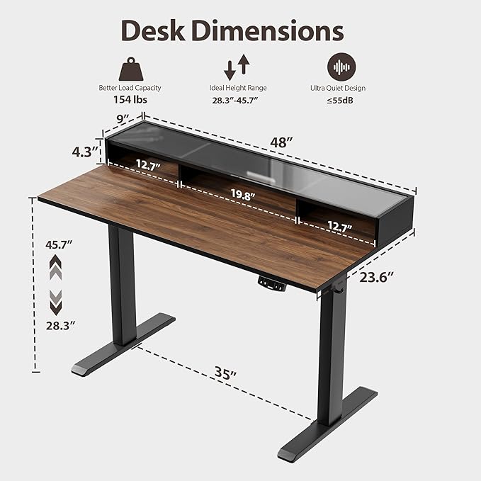 Agilestic Glass Standing Desk with Storage, 48 Inch Electric Adjustable Desk with Glass Shelf, Sit Stand Up Home Office Computer Table, Splice Board, Dark Walnut