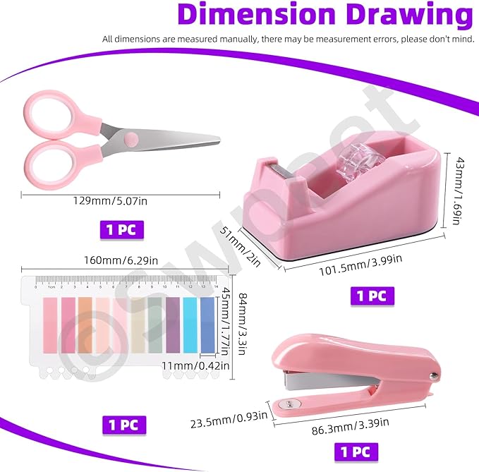 Swpeet 9Pcs Pink Office Supplies Kit, Desk Accessories Including Stapler, Tape Dispenser, Staple Remover, Tabs, Scissors, Staples, Tape, Clips and Sticky Note Ideal for Office and School