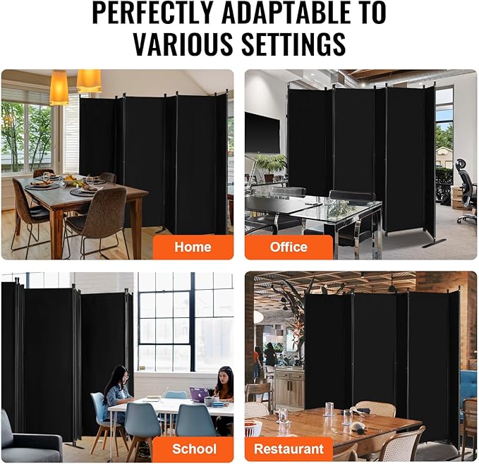 VEVOR Room Divider, 6 Panel Room Divider, Folding Privacy Screen and Portable Partition Divider for Room Separation, Freestanding Room Partitions for Office, Bedroom, Study, Black