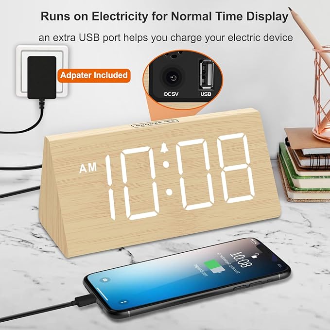 DreamSky Wooden Digital Alarm Clocks for Bedrooms - Electric Desk Clock with Large Numbers, USB Port, Loud Alarm for Heavy Sleepers, Adjustable Volume, Dimmer, Snooze, DST, Wood Décor, Adapter Powered
