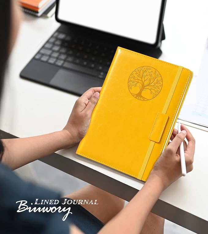 Biuwory Lined Journal Notebook for Women Men,256 Pages A5 Hardcover Leather Journals for Writing,Travel,Business,Work & School,College Ruled Notebooks for Note Taking,Diary Notepad 5.7"×8.3" yellow