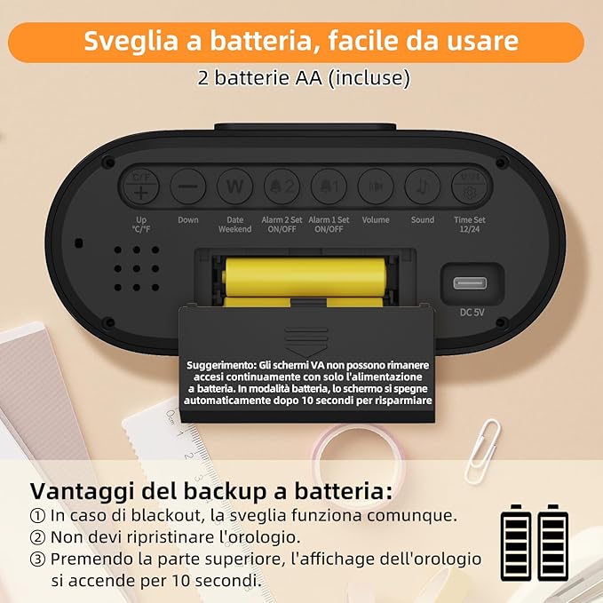 DOOMAY Digital Alarm Clock for Bedroom: Dual Alarm Bedside Clock VA LCD Display with Seconds, 9-Minute Snooze and Weekend Mode, 3 Brightness, 4 Alarms and 3 Volume Levels，Type C & Battery Included