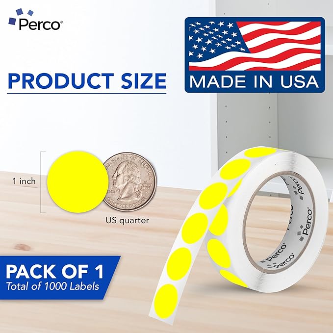 Perco Fluorescent Yellow 1-Inch Round Circle Dot Sticker Labels with Easy Peel Perforation - 1,000 Labels per Roll - Strong Adhesion, Vibrant Colors for Organizing, Crafting & More - Made in USA