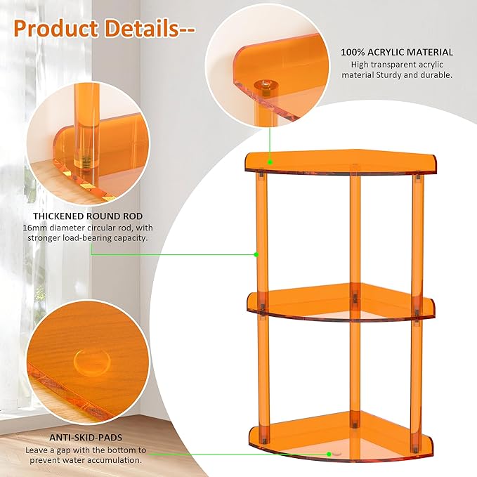 Sezanrpt 3 Tier Countertop Corner Organizer Shelf 7x7x15.7 Inch, Orange Countertop Acrylic Bathroom Corner Shelf, Vanity Storage Organizer for Cosmetics, Toiletries