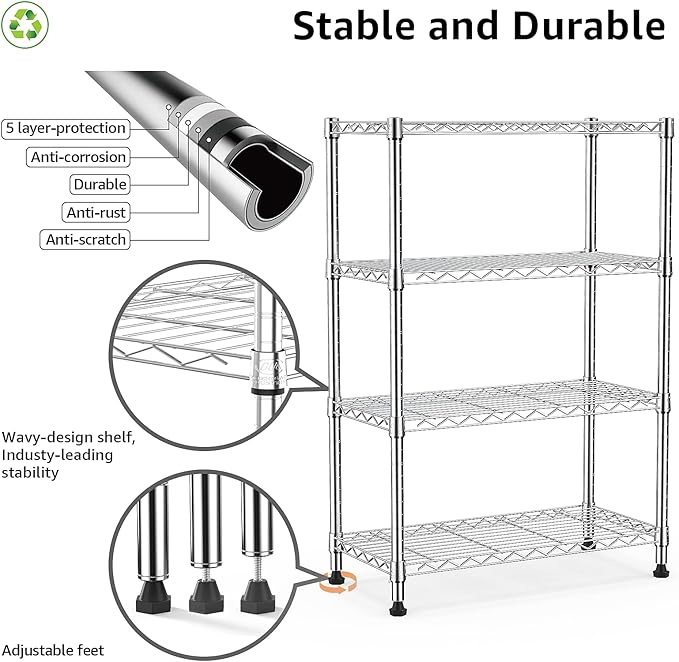 M MZG 1000 lbs Storage Shelving 4-Tier Utility Shelving Unit Steel Organizer Wire Rack for Home,Kitchen,Office,Chrome (13.7" D x 23.6" W x 53.4" H)