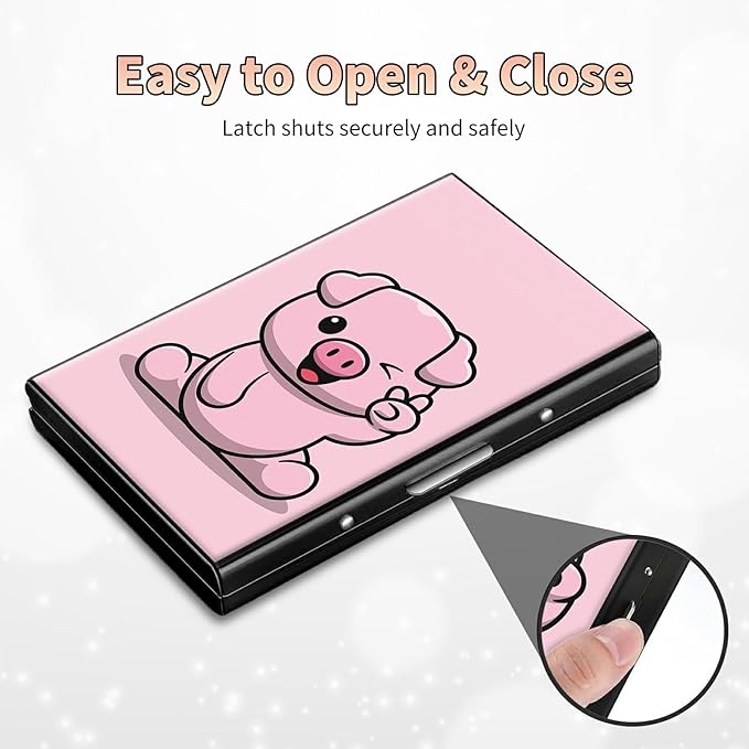 BWEGRHE Slim Credit Card Holder, Pink Pig RFID Blocking Metal Wallet for Men & Women, Aluminum Minimalist Hard Case Pocket-Sized Business Cards Organizer (Fits Up to 10 Cards)
