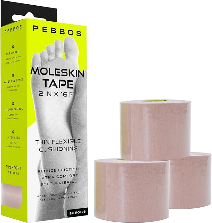 Pebbos Moleskin Tape (3 Rolls) – 2in x 16ft – Anti-Friction Cushioning Tape | Water-Resistant & Hypoallergenic | Thin Moleskin Athletic Tape for Running, Hiking, Walking