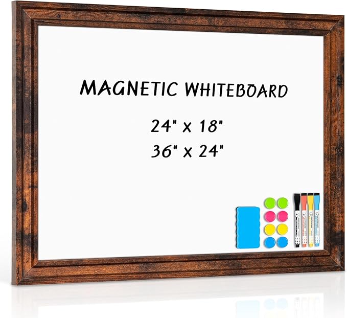 White Board for Wall, 24'' x 18'' Magnetic Dry Erase Board, Decorative Whiteboard, Brown Vintage Wooden Frame