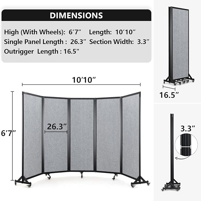 Strongbird Room Partition,Folding Privacy Divider,Office Partition Dividers,Office Dividers Wall, 10'6"W x 6'7"H,Light Grey
