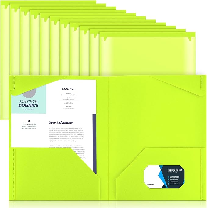Henoyso 18 Pcs Plastic Folders with Clear Front Pockets Heavy Duty File Folders with 2 Pockets and Card Slot for Student Communication School Office Presentation Report (Fluorescent Green)