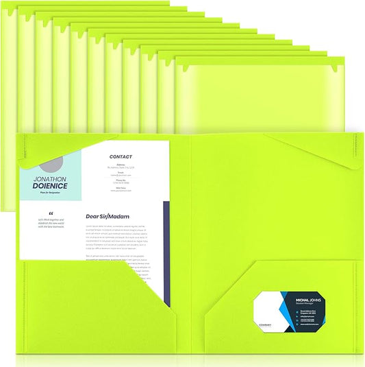 Henoyso 18 Pcs Plastic Folders with Clear Front Pockets Heavy Duty File Folders with 2 Pockets and Card Slot for Student Communication School Office Presentation Report (Fluorescent Green)
