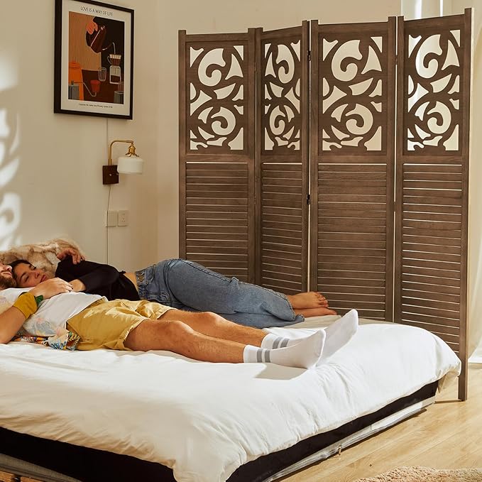 Room Divider Wood Carved Wall Divider Indoor Folding Portable Partition Screen for Home Office Garden Terrace - 4 Panel, 67 * 60inch (Dark Brown)
