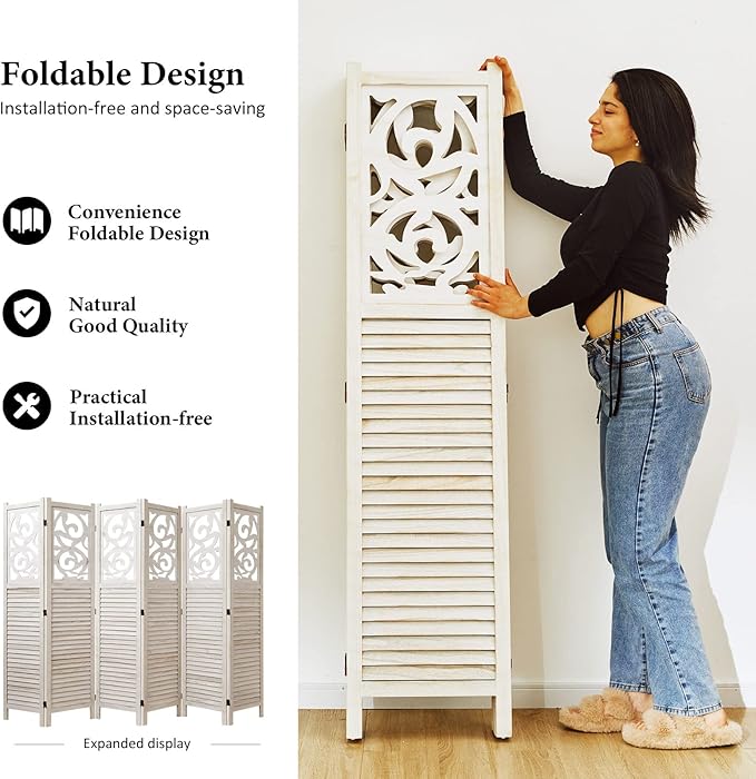 Room Divider Wood Carved Wall Divider Indoor Folding Portable Partition Screen for Home Office Garden Terrace - 6 Panel, 67 * 90inch (White)