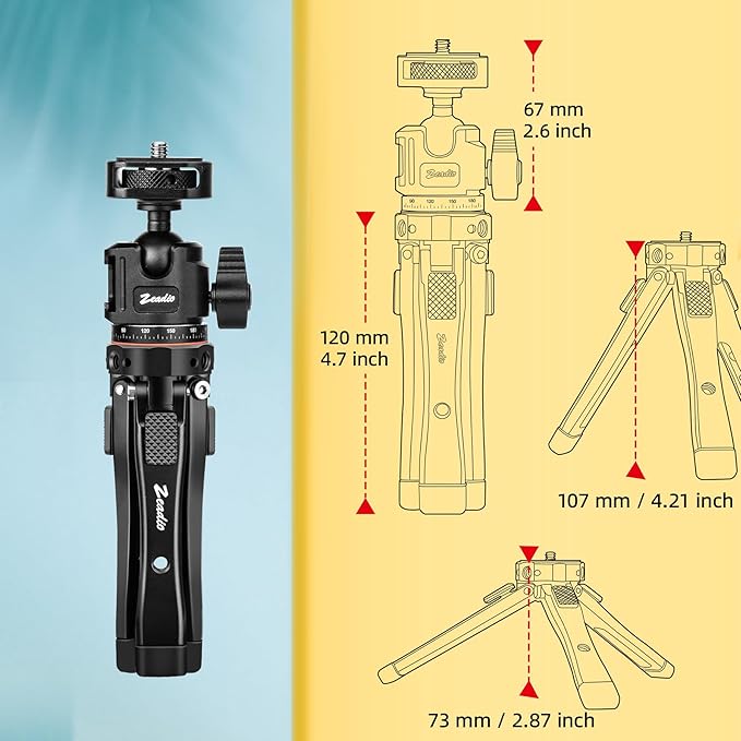 Zeadio Metal Camera Mini Tripod, with 1/4" Screw Ball Head Mount, Adjustable Heights Desktop Vlog Stand for Smooth 4 Osmo Mobile Ronin-S Vimble 2 Gimbal Handle Grip Stabilizer and All Cameras