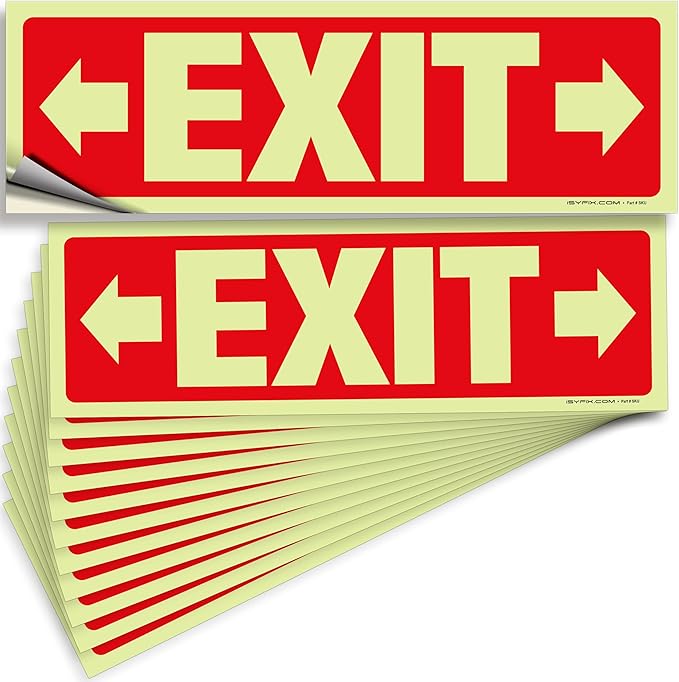 iSYFIX Exit Stickers Signs with Directional Right & Left Arrow 12 Pack 12x4 Inch - Glow in the Dark Photoluminescent Vinyl for Office, School, Business, Warehouse - UV & Weather Resistant for Indoor/Outdoor Use