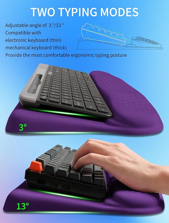 KUOSGM Ergonomic Wave Wrist Rest with Keyboard Stand, Cushioned Palm Rest, Comfortable Integrated Memory Foam for Natural Typing and Relieve Wrist Pain, Rich Purple