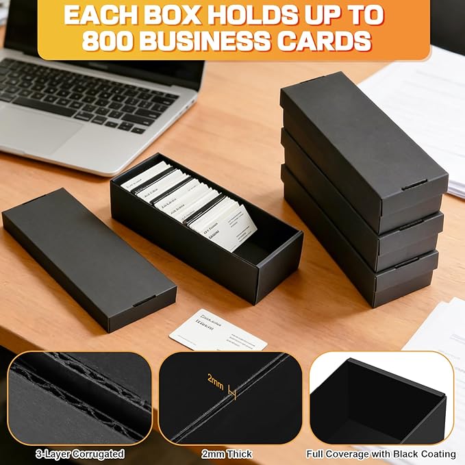 QLOUNI Business Card Storage Box 4 Pack, Business Card Holder Case with Lids, Holds 3200 Cards Total, 3-Layer Corrugated Desk Business Card Organizer, Black Card Index Photo & Office Supplies Storage