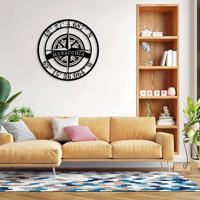 Metal Name Signs Personalized, Nautical Compass GPS Coordinates Metal Sign with Last Name Date, Compass Metal Sign, Personalized Wall Decor, Personalized Wedding Gift