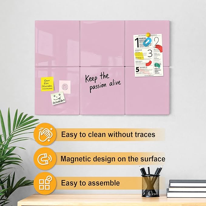 Comix Magnetic Dry Erase Board, 6 Pack, 11.8 x 11.8 Inches, Modular Whiteboard for Fridge, Office and Home, Small White Board Dry Erase Set for Kids, Students, Kitchen Organizer and Planner, Pink