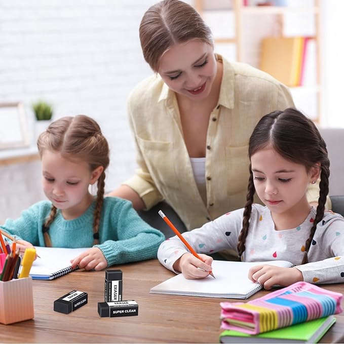 Black Erasers, 6 Pack Block Pencil Erasers – Smudge-Free Latex-Free Art Erasers for Kids & Adults Artists, Clean Erase for School, Homework, Office & Drawing
