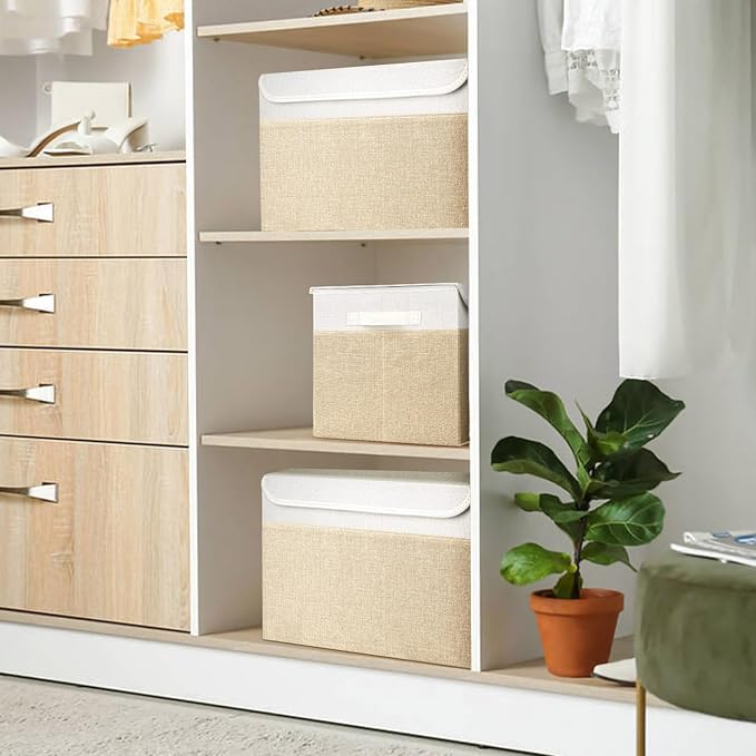 Bagnizer Large 22 Quart Linen Fabric Foldable Storage Bin Cube Organizer Basket with Flip-Top Lid & Handles, Clothes Blanket Box for Home, Office, Closet, Beige & White, 4 Pack 14.6 x 9.5 x 9.5”
