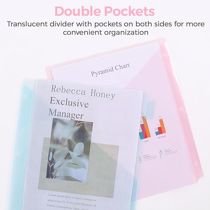 SKYDUE Pastel Binder Dividers with Tabs and Pockets - Soft Plastic Dividers for 3 Ring Binder, Includes 16 Blank Index Labels, for School & Office Organization, Pink