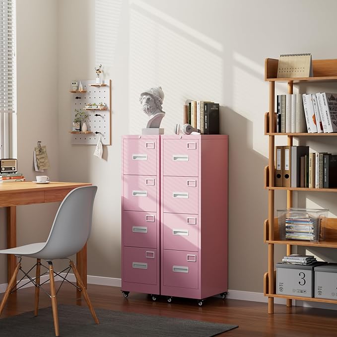 METAN 4 Drawer File Cabinet on Wheels, Lockable Metal Filing Cabinet with Handle and Name Card for Office Home,Assembly Required,Pink