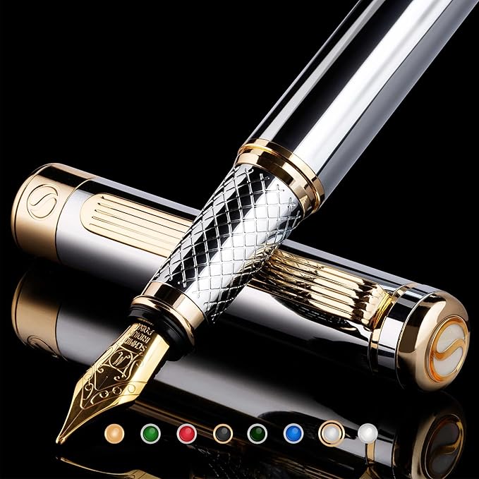 Scriveiner Personalized Silver Chrome Fountain Pen - Stunning Luxury Pen, Real Gold Plating, Schmidt Gilded Nib (Medium) Best Engraved Pen Gift Set for Men & Women, Custom Name Engraving