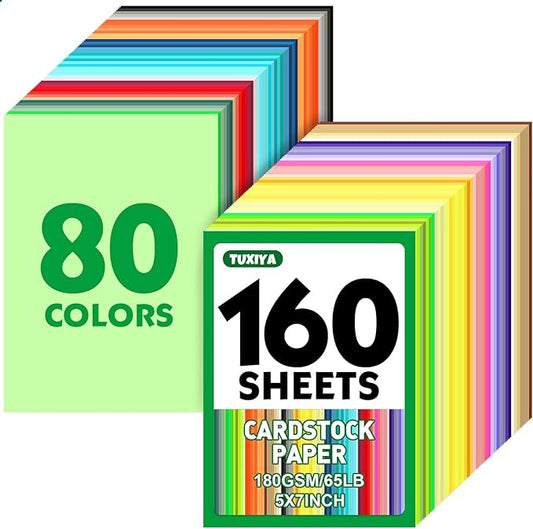 160 Sheets 5" X 7" Colored Cardstock, 80 Assorted Colors 180 GSM/65 LB Construction Paper Card Stock Printer Paper for Printing, Card Making, DIY Crafts, Kids School Supplies,Party Decorations