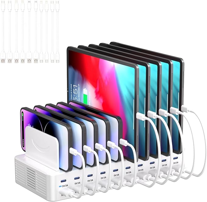 270W Charging Station for Multiple Devices, 20-Port USB Fast Charging Station with Adjustable Dividers & 10 Cables, Multi Device Organizer Charging Dock for iPhone, iPad, Tablets & More