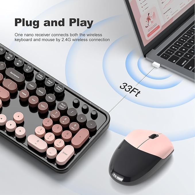 MOFII Wireless Keyboard and Mouse Combo, Full Size 2.4G Plug and Play Typewriter Retro Round Computer Keyboard and Mouse Set for Windows, Computer, Desktop, PC, Notebook - (BlackBerry Gradient)