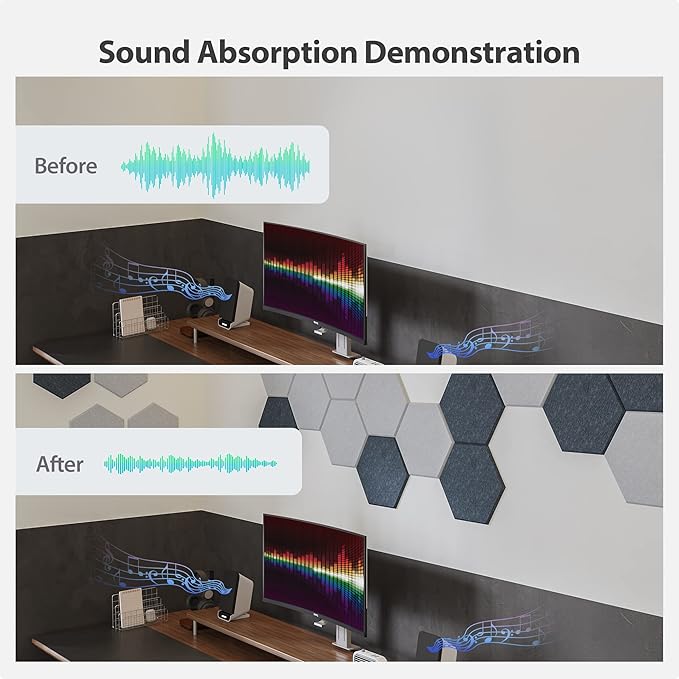 Amantech 12 Pack Acoustic Panels Self Adhesive Sound Proof Foam, High Density Sound Acoustic Foam Panel, 12X10.23X0.4 Inch Hexagon Wall Panels in Home,Office,Reccording Room,Studio(Moonlight Grey)