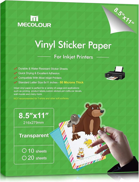 MECOLOUR Clear Sticker Paper for Inkjet Printer -95% Transparent 8.5x11 Inch Vivid Colors, Tear Resistant -50 Sheets