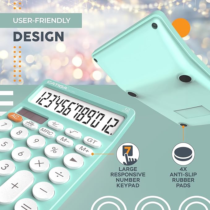CATIGA 12 Digit Desktop Calculator Basic Desk Calculator with Large LCD Display, Big Buttons, 4 Function, Solar and Battery Dual Power, for Office, School, Home, SD-1292 Fresh Blue