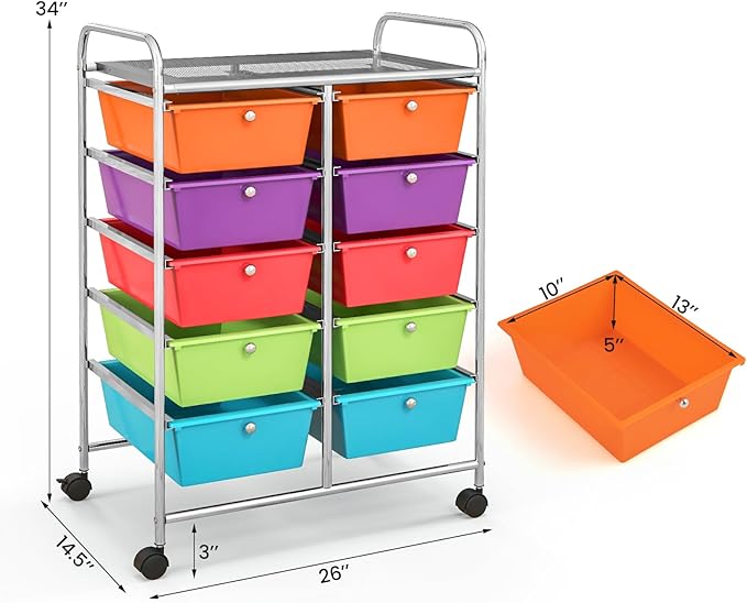 GLACER 10 Drawer Rolling Cart, Storage Cart with Lockable Whieels & Metal Frame, Trolley for Art Craft Oganizer, Mobile Utility Cart for Office, School, Classroom, Kitchen (Rainbow Color)