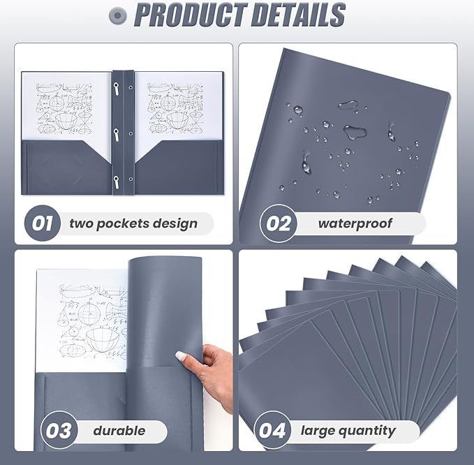 Lincia 100 Pcs Plastic Folders with Pockets and Prong Folders with Prongs 2 Pockets for Office, School for Students, Teachers, Office Workers(Grey Blue)