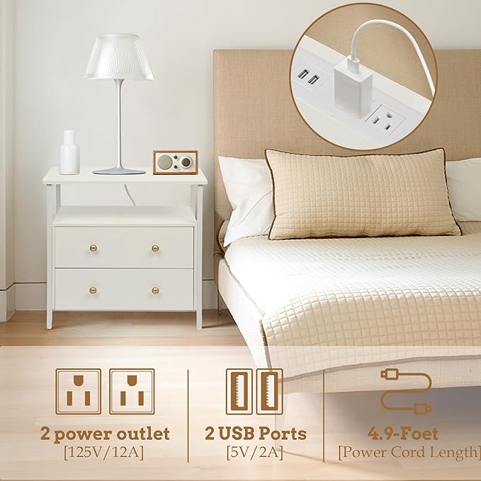 Edbuosy 27 inch Wide Night Stand with Charging Station, Bedside Table with Open Shelf, 2 Drawers Small Wood Dresser, Modern Wood Nightstand for Bedroom/Living Room (White)