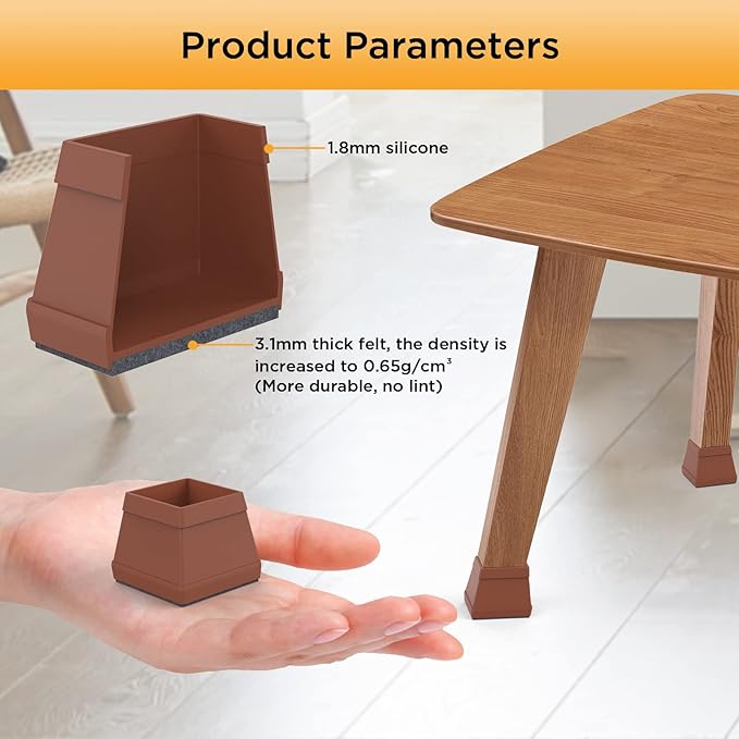 16 PCS Square Chair Leg Floor Protector, Silicone Chair Leg Cover, Furniture Leg Protectors with Felt, Mobile Table Leg Pad, Protect The Floor from Scratches.2 in Brown.