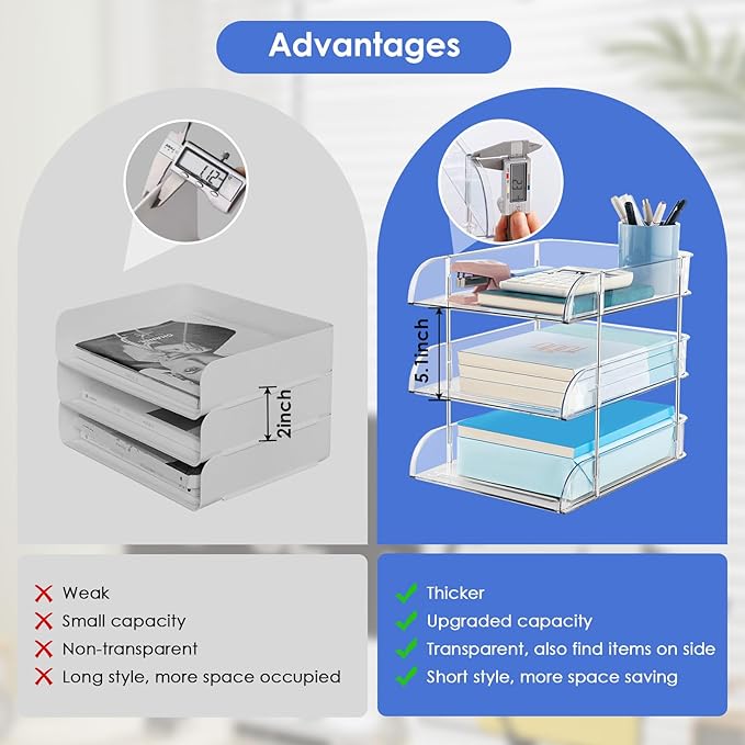 Noger Desk Organizers and Storage, 3 Tier Clear Heightened Stackable Paper Tray Organizer for Document, Letter, A4 File Paper, Desk Accessories, Office Supplies (Clear, 3 Pack)