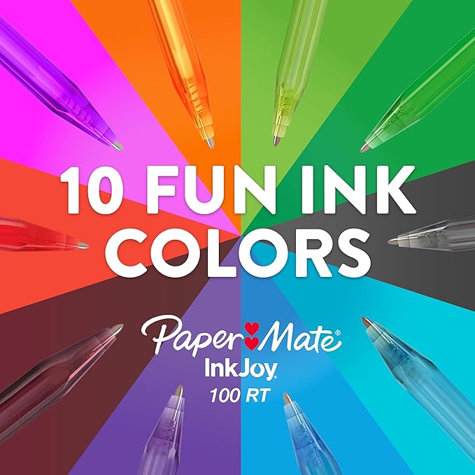 Paper Mate InkJoy 100RT Retractable Ballpoint Pens, Medium Point (1.0mm), Assorted Colors, 20 Count - Teacher Essentials, Colorful Office Supplies, Note-Taking, Back to School