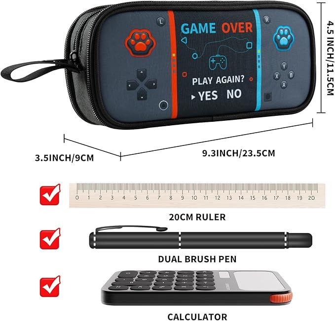 Easozoom Large Game Controller Pencil Case for Teen Boy Kid Capacity Pen Box Pouch Organizer Holder Bag with 3 Compartments & Zipper School College Office Supplies (1PCS Pencil Case) (Gray)